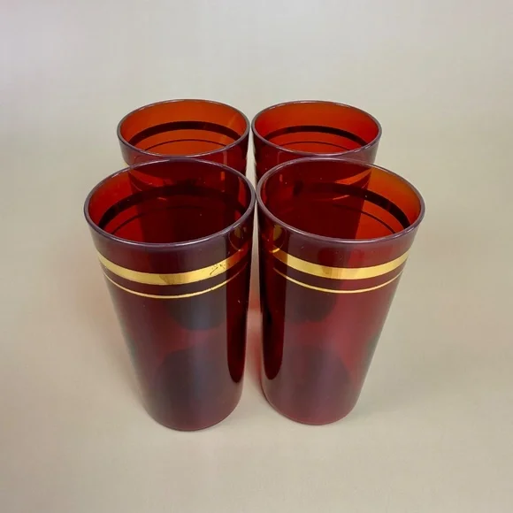 Vintage Ruby Red Glass Tumblers with Gold Design – Set of 4 - Picture 6 of 16